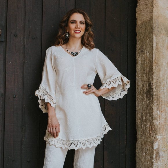 Hand embroidered, Lace Top, Crinkle Cotton Blouse. - Picture 3 of 6